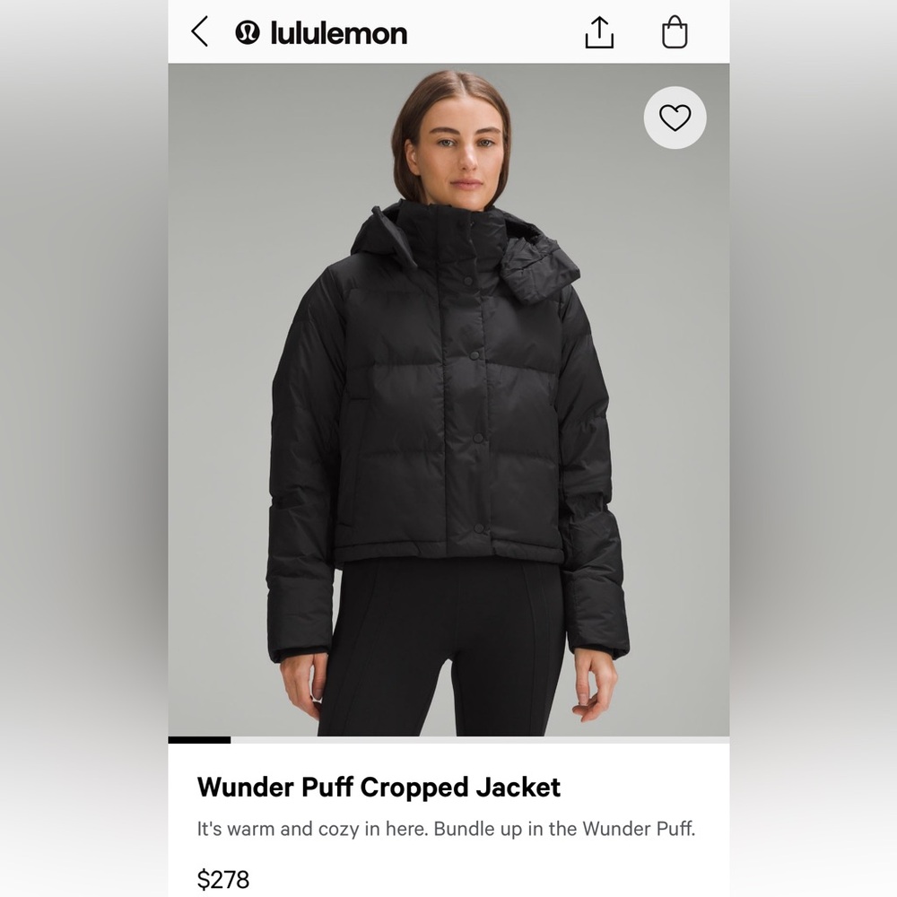 Lululemon- black wonder puff cropped jacket - size 4